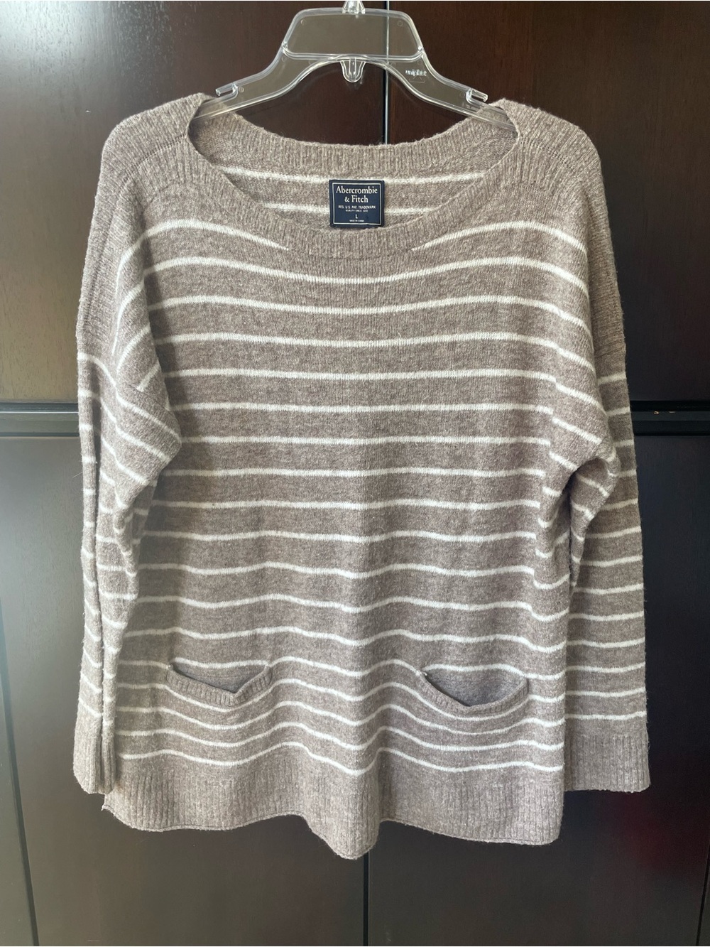 Abercrombie & Fitch Taupe and White Striped Crewneck Sweater